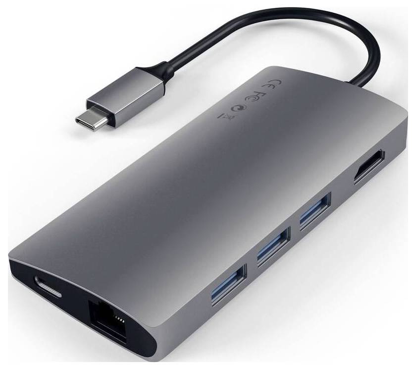 USB-C-Hub mit mehreren Anschlüssen: Ethernet, HDMI, USB-A und Kartenleser.