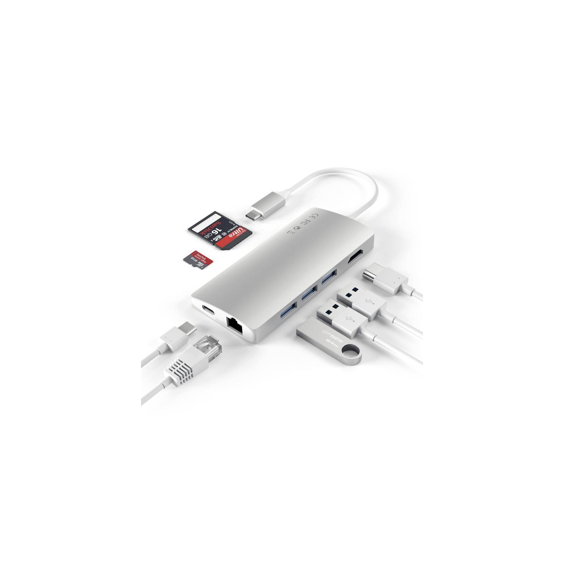 Mehrfachadapter mit USB-, HDMI-, Ethernet- und SD-Kartenanschlüssen, verbunden mit verschiedenen Kabeln und Karten.