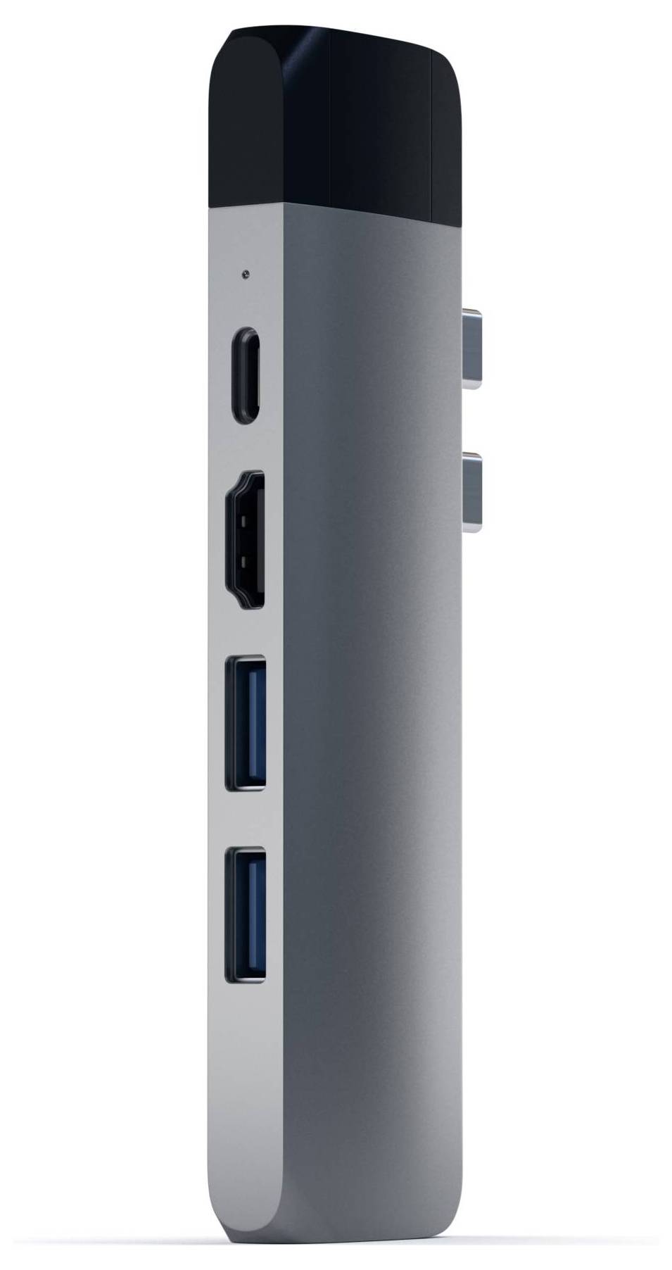 Kompakter USB-C-Hub mit mehreren Anschlüssen: HDMI, zwei USB-A-Anschlüsse, SD-Kartenleser und USB-C-Anschluss. Ideal für Laptops.