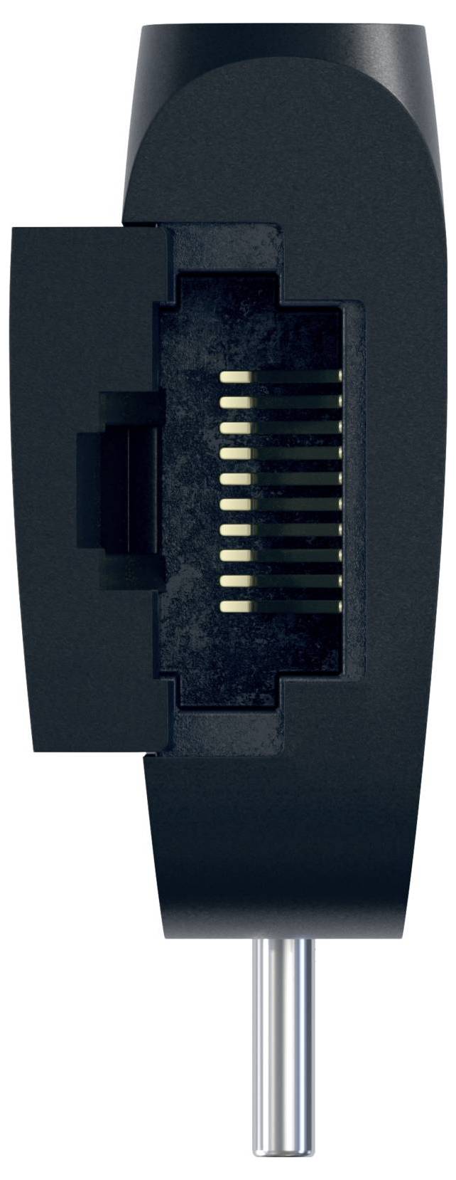 Ein RJ45-Stecker in einer Draufsicht, die die Kontakte und das geöffnete Gehäuse zeigt. Der Stecker wird zum Anschließen von Netzwerkkabeln verwendet.