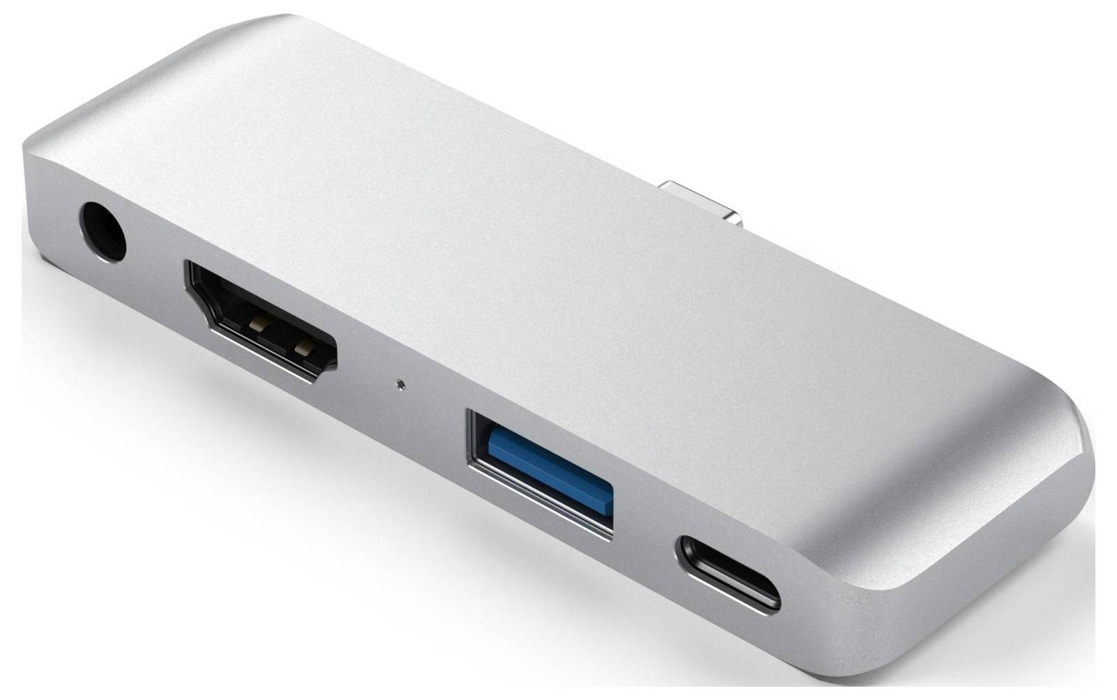 Ein silberner USB-C-Hub mit Anschlüssen für HDMI, USB-A und Audio, kompakt und glatt im Design, geeignet für Laptop-Erweiterung.