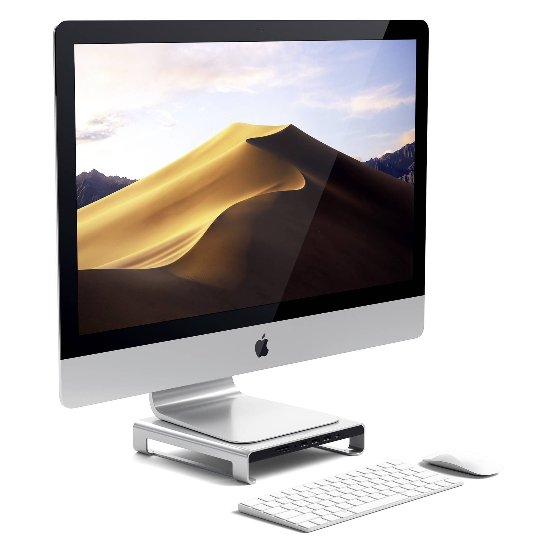 Ein moderner Desktop-Computer mit Bildschirm, Tastatur und Maus. Auf dem Bildschirm ist eine Wüstenlandschaft mit Sanddünen zu sehen.