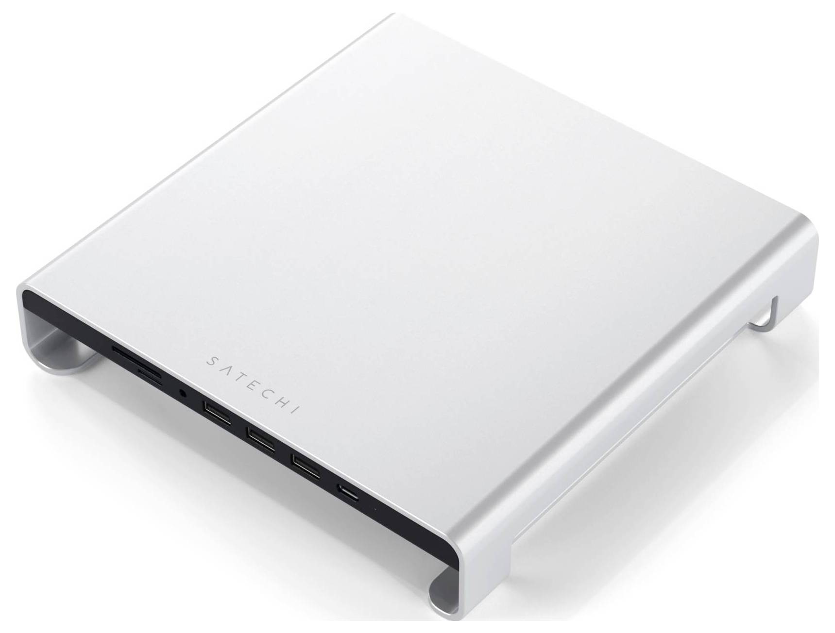 Silberner Laptop-Ständer mit geschwungenen Kanten, erhöht zur Verbesserung der Ergonomie und Kühlung, Markenname vorne.