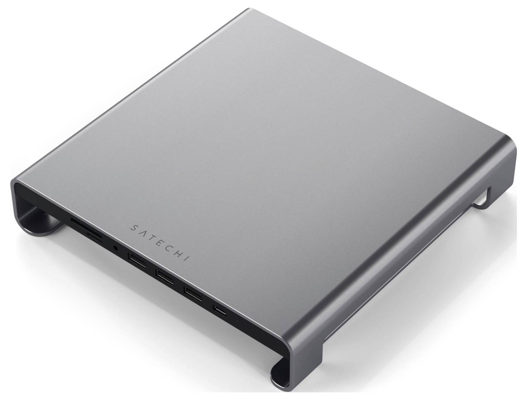 Metallischer Laptopständer von Satechi, gebogene Kanten, dunkelgrau, für verbesserte Belüftung und ergonomische Nutzung.