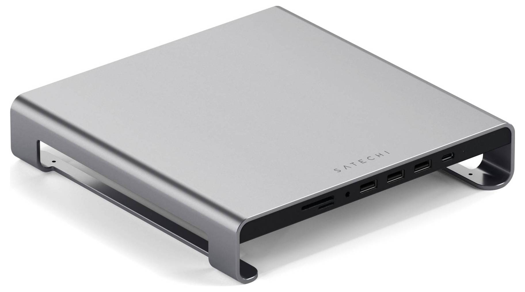 Ein silberner Laptop-Ständer mit mehreren USB-Anschlüssen und einem schlanken, modernen Design.