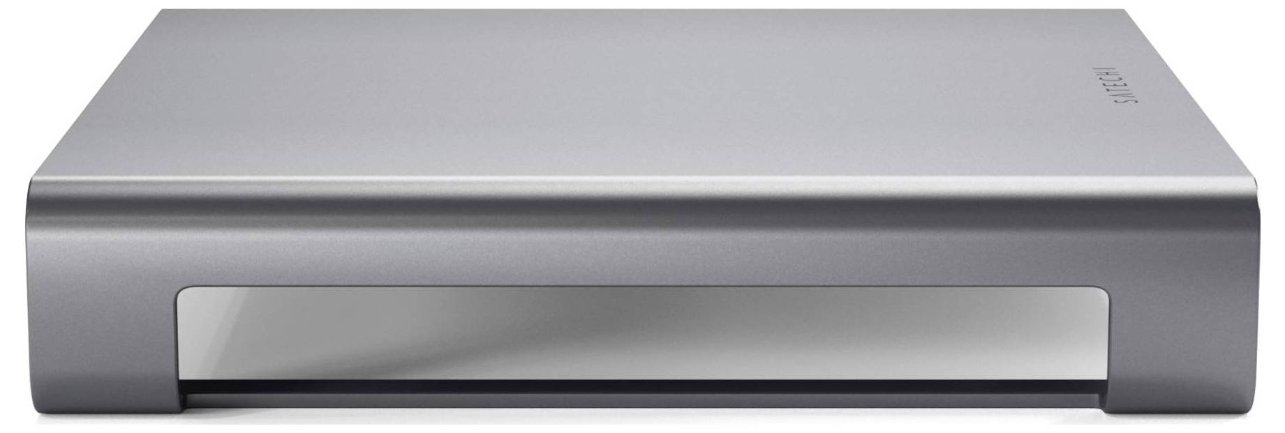 Silberne externe Festplatte mit modernem, minimalistischem Design, rechteckige Form, glatte Oberfläche.