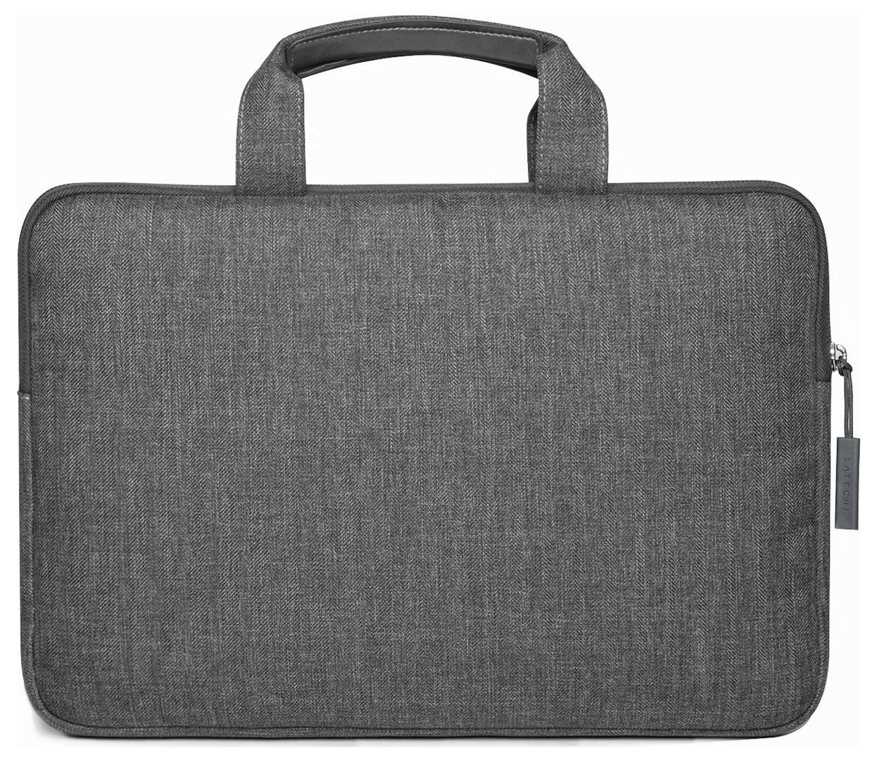 Graue Laptop-Tasche mit Tragegriffen, schlichtes Design, Reißverschluss an der Seite, geeignet für den sicheren Transport eines Laptops.