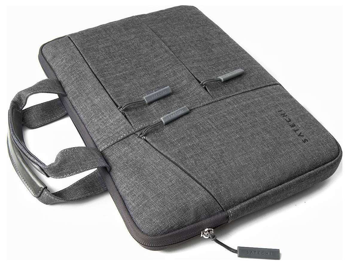 Dunkle, graue Laptop-Tasche mit zwei Tragegriffen und mehreren Fächern. Robust und schlichtes Design, ideal für den Schutz von Laptops.
