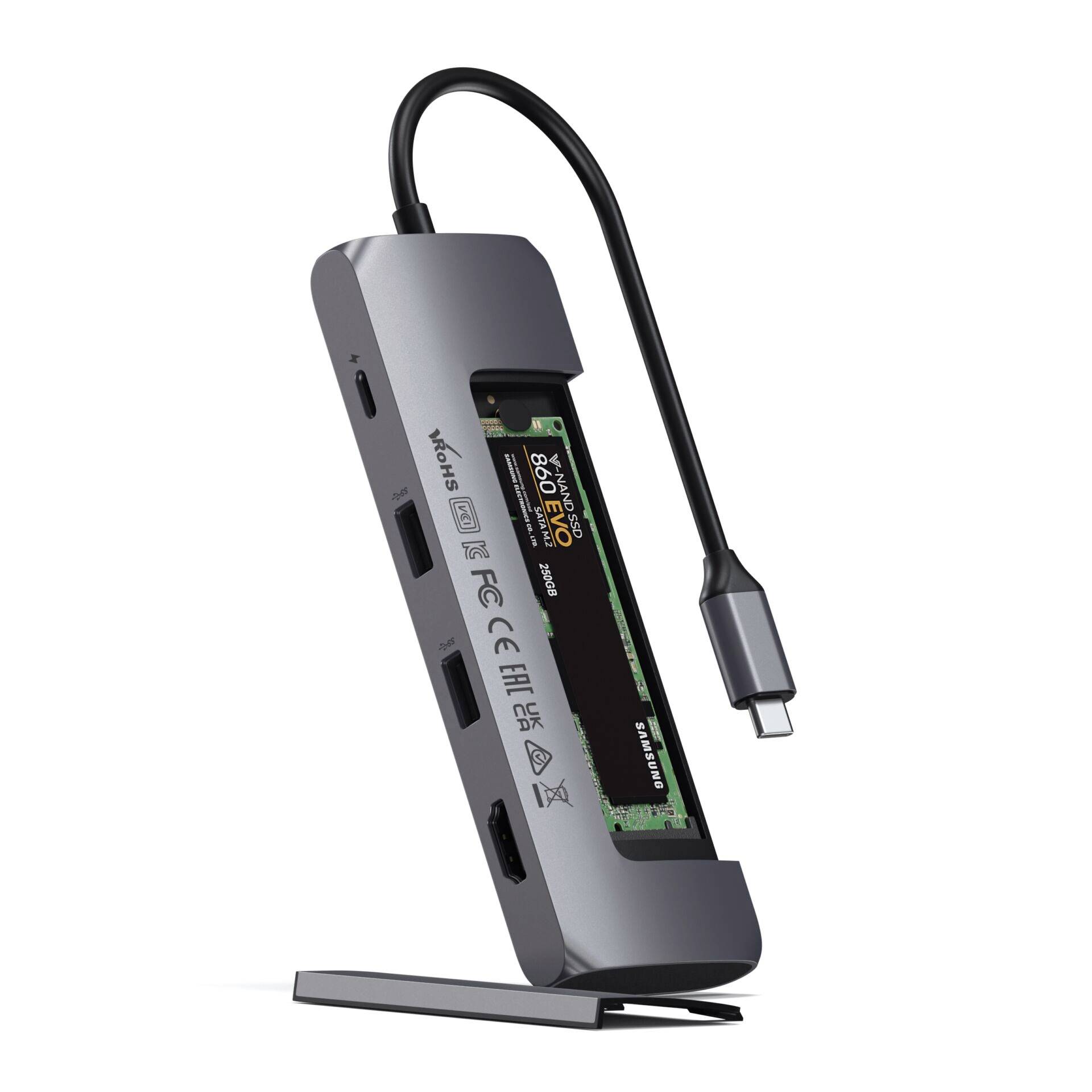 USB-C-Hub mit Mehrfachanschlüssen und integriertem SSD-Steckplatz. Kompatibel mit verschiedenen Geräten.