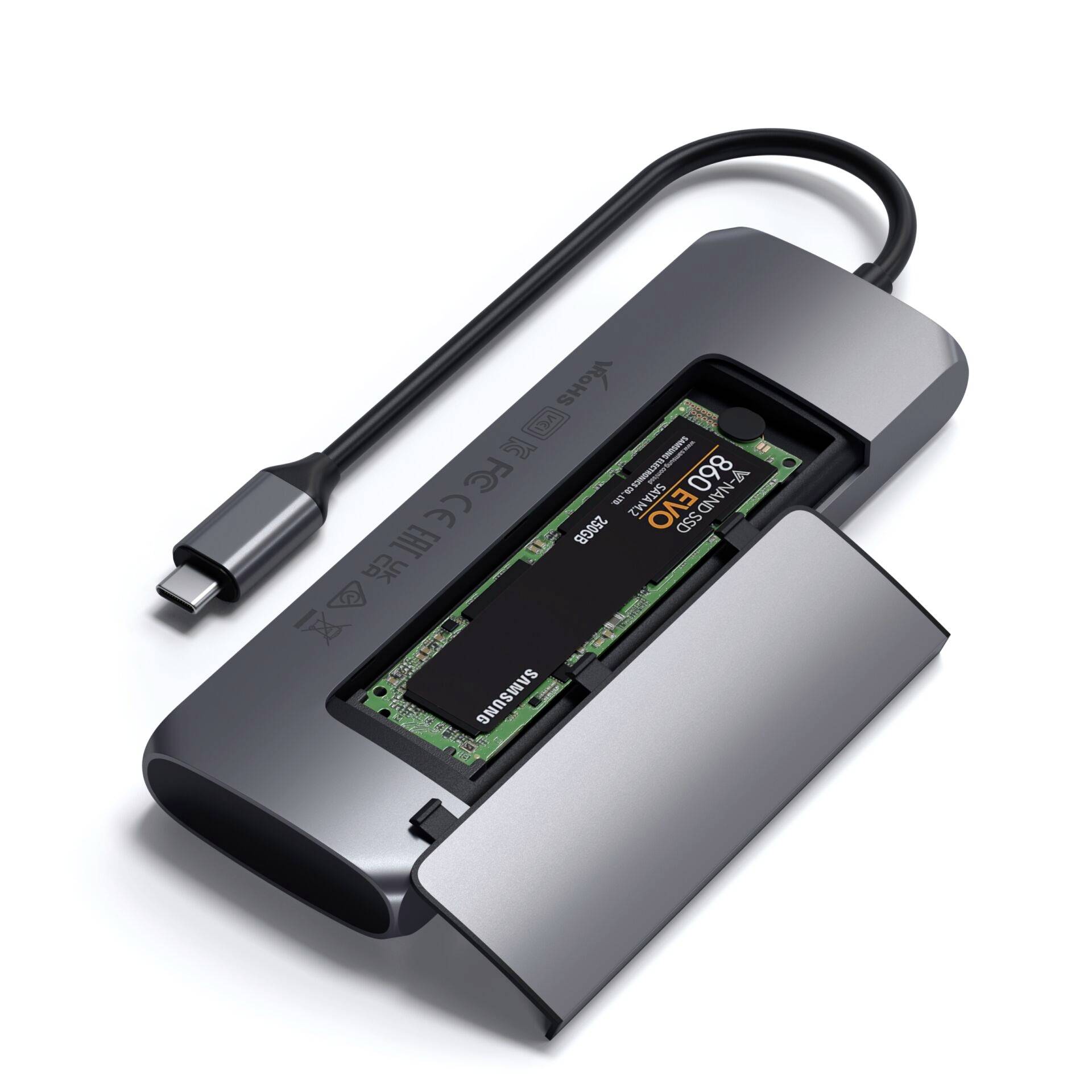 Externe SSD-Laufwerk mit USB-C-Anschluss und offenem Gehäuse, das die verbaute Samsung SSD-Karte zeigt.
