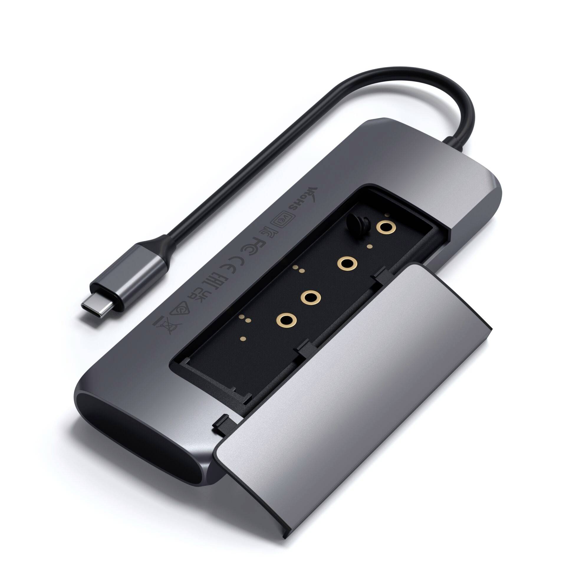 USB-Hub mit abnehmbarem Deckel, mehrere Anschlüsse sichtbar. Silbernes, kompaktes Design für Verbindungserweiterung.