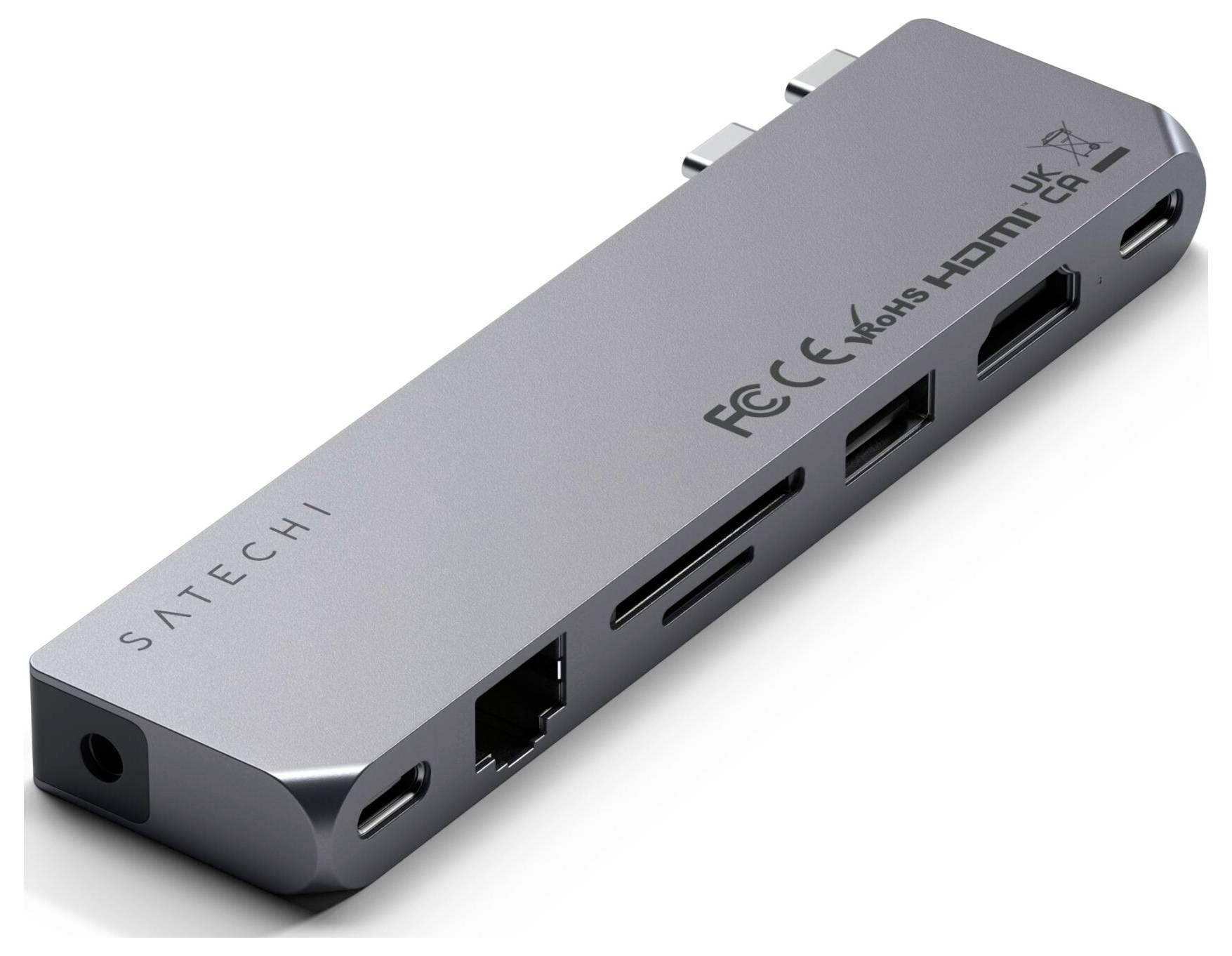 USB-C-Hub mit mehreren Anschlüssen einschließlich HDMI, Ethernet, USB und SD-Karten-Slot, Marke 'Satechi'. Ideal für Laptops.