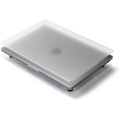 Ein halb geöffnetes, silbernes Laptop mit sichtbarem Bildschirmscharnier. Das Gerät scheint neu und ungenutzt zu sein.