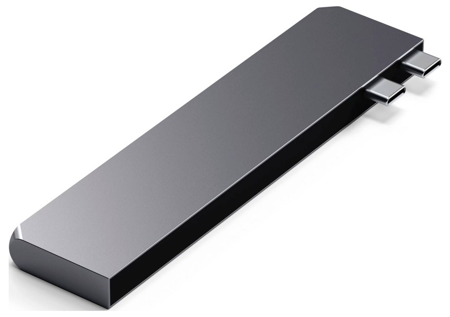 Ein kompakter, rechteckiger USB-C-Hub mit zwei Anschlüssen an der Oberseite, ideal zur Erweiterung der Anschlussmöglichkeiten.
