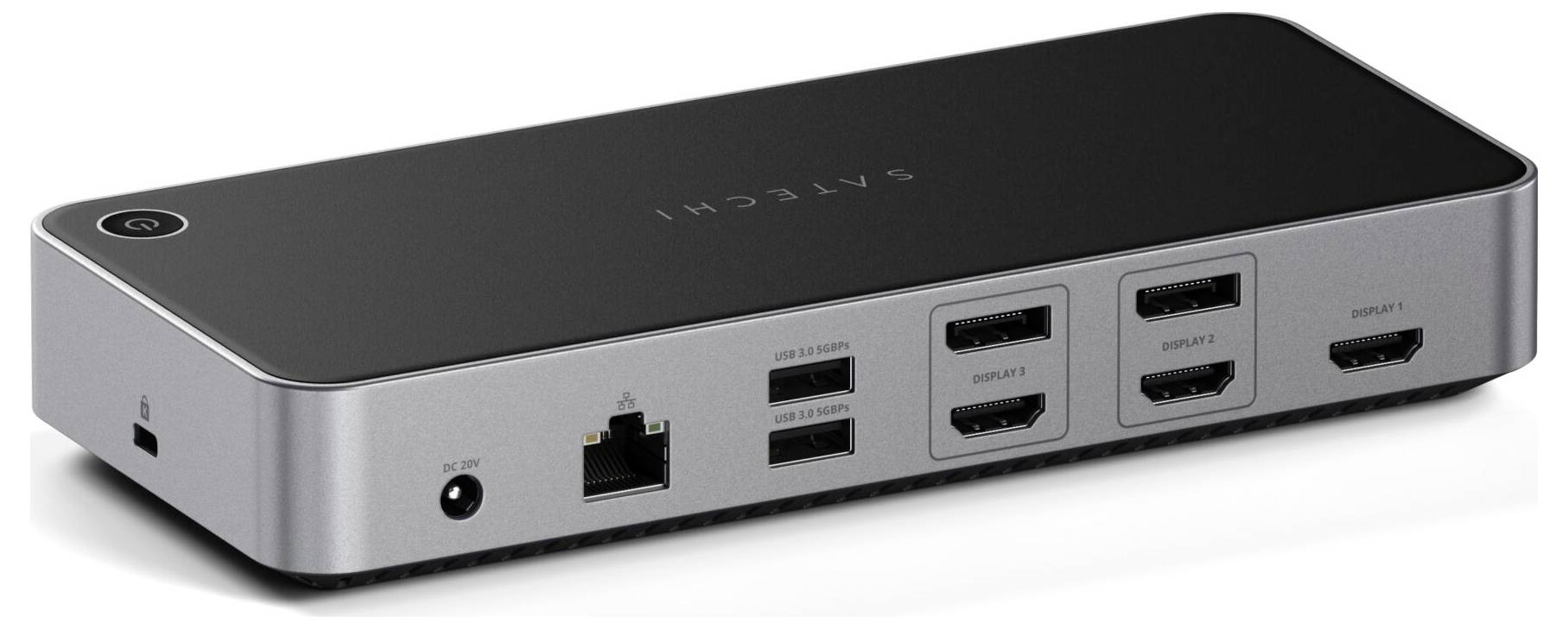 Ein Docking-Station-Gerät mit mehreren HDMI- und USB-Anschlüssen sowie einem Ethernet-Port. Markierung 'Satechi' sichtbar.