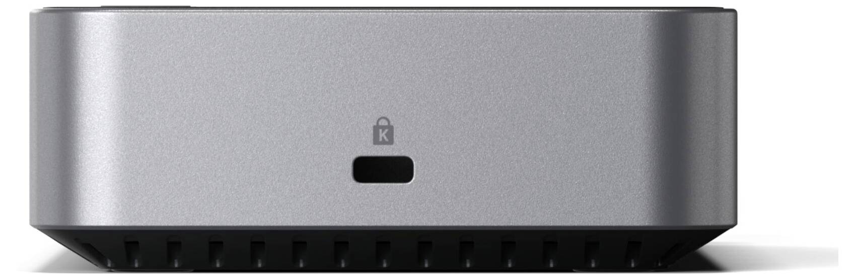 Grauer Computer mit rechteckigem Lüftungsschacht und Schloss-Symbol in der Mitte, zeigt Vorderansicht und minimalistisches Design.