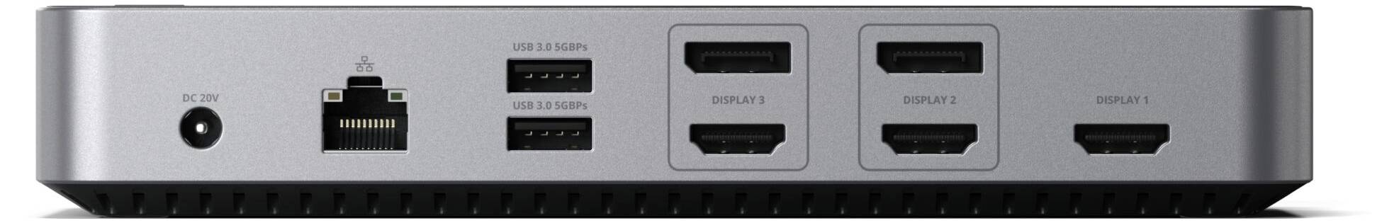 Rückseite eines Kompaktcomputers mit mehreren Anschlüssen: Strom, Ethernet, vier USB, und zwei HDMI-Ports, hervorgehoben.