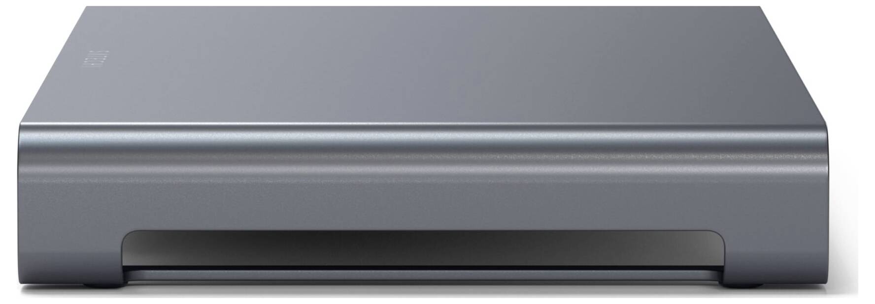 Ein silberne externe Festplatte liegt flach auf einer Oberfläche. Sie hat ein schlichtes, modernes Design.