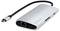 Ein silberner USB-C-Hub mit mehreren Anschlüssen, darunter Ethernet und HDMI, zum Erweitern der Anschlussmöglichkeiten eines Geräts.