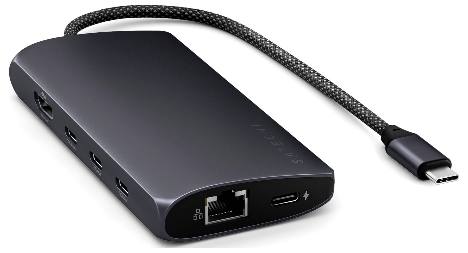 USB-C-Hub mit mehreren Anschlüssen, einschließlich HDMI, Ethernet und USB-Anschlüssen. Ideal für den Anschluss von Peripheriegeräten an Laptops.