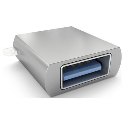 Ein silberner USB-Anschlussadapter mit einem blau hinterlegten Steckplatz, der für den Anschluss eines USB-Kabels bereit ist.