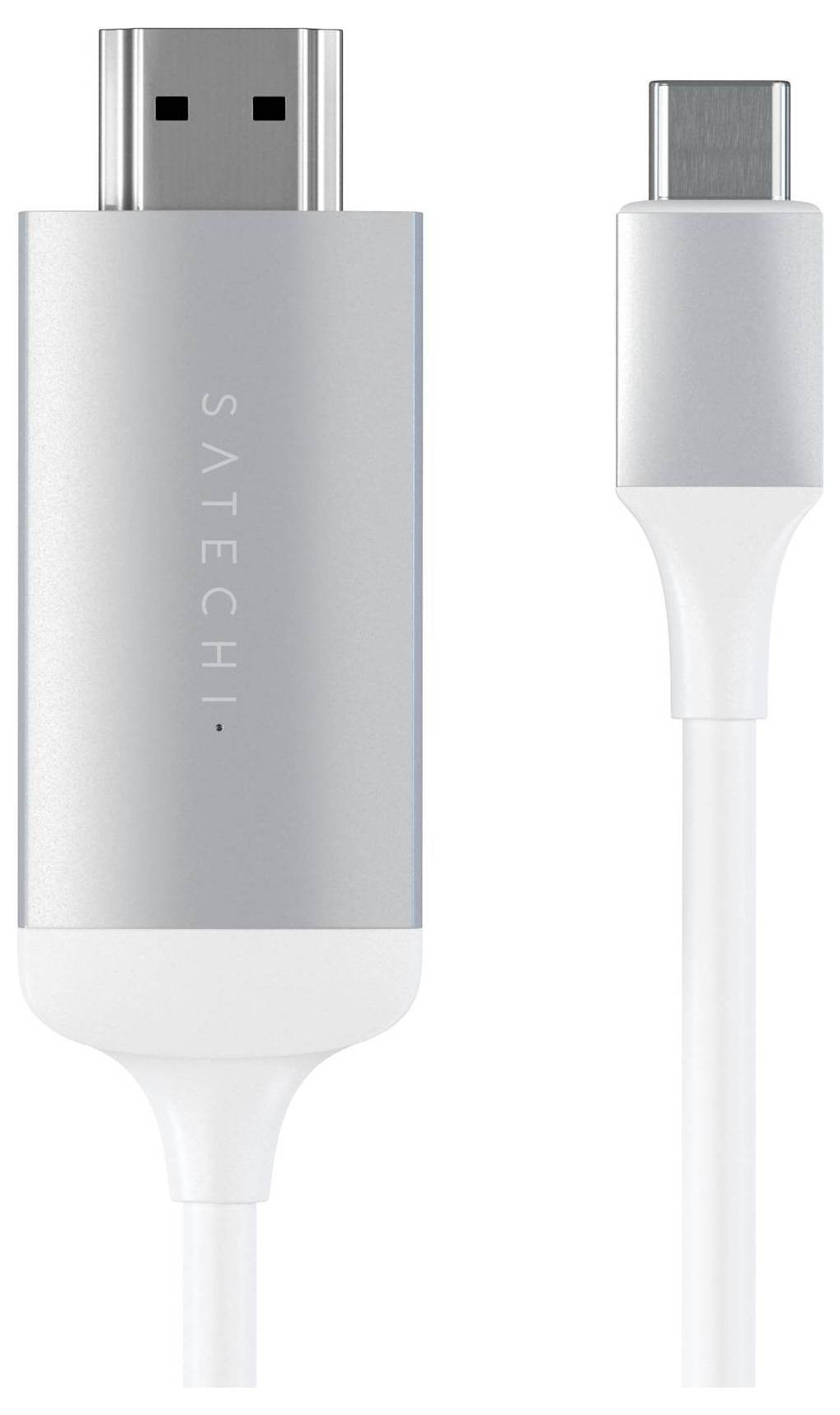 USB-C-zu-HDMI-Adapter in silberner Farbe mit dem Markennamen 'SATECHI'. An einem Ende ist ein USB-C-Stecker, am anderen ein HDMI-Anschluss.