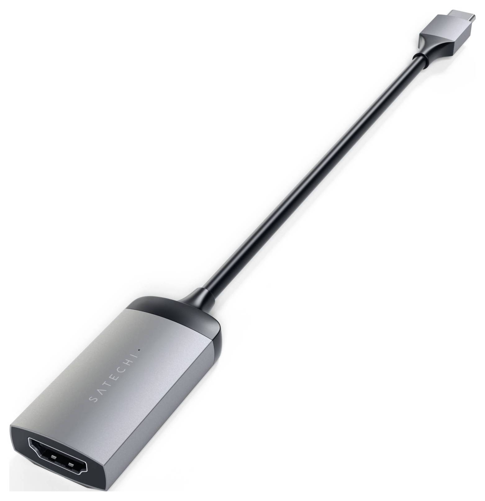 Ein USB-C-zu-HDMI-Adapter, silber, mit schwarzem Kabel, ermöglicht den Anschluss von HDMI-Geräten an USB-C-Ports.