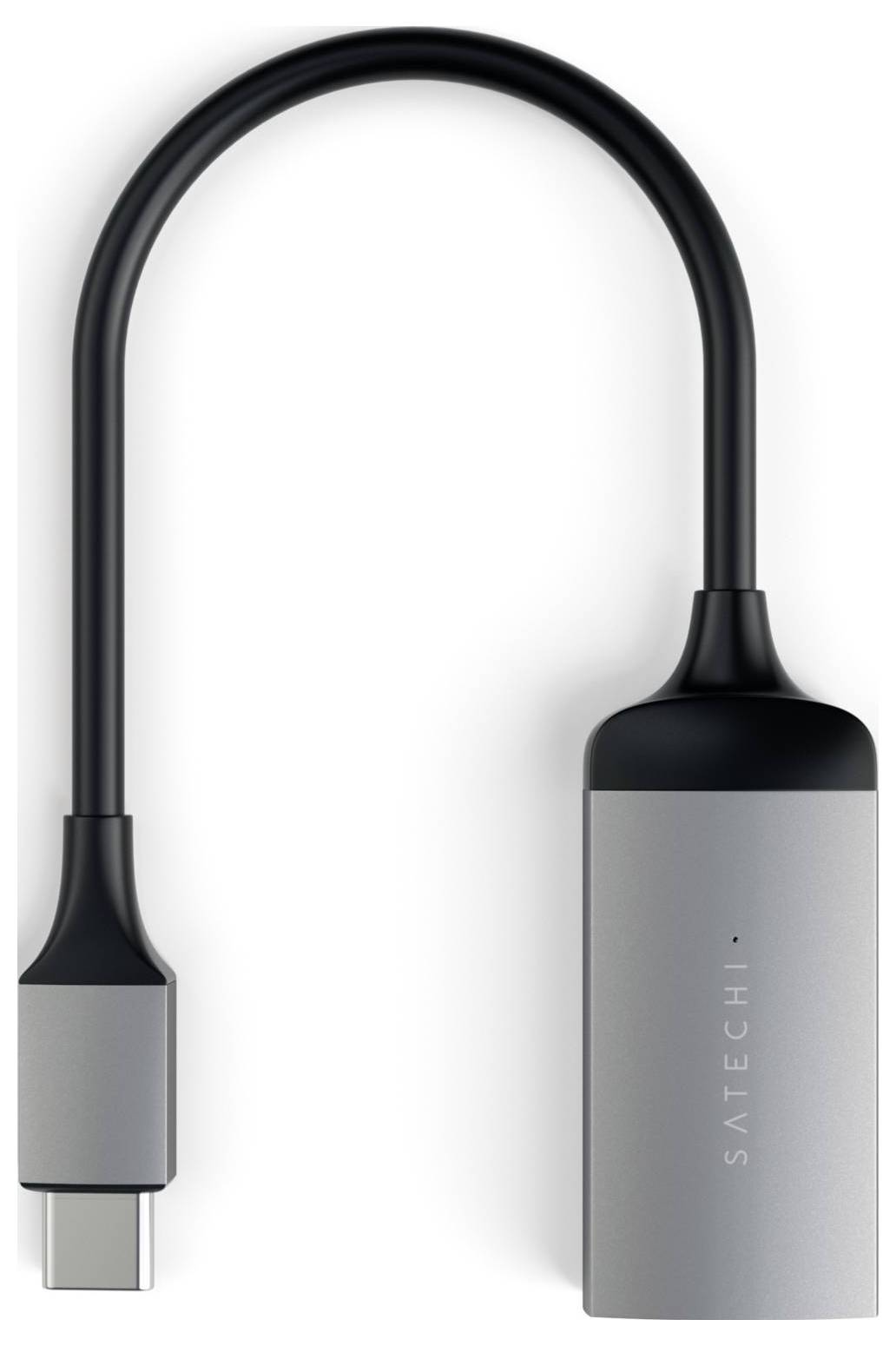 Ein USB-C-Adapter mit grauem Gehäuse und schwarzem Kabel von der Marke Satechi, eignet sich zur Verbindung von Geräten mit USB-C-Anschluss.