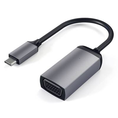 USB-C-zu-VGA-Adapter mit schwarzem Kabel, silbernem Gehäuse und einem VGA- und einem USB-C-Anschluss, geeignet für Bildschirmanschluss.