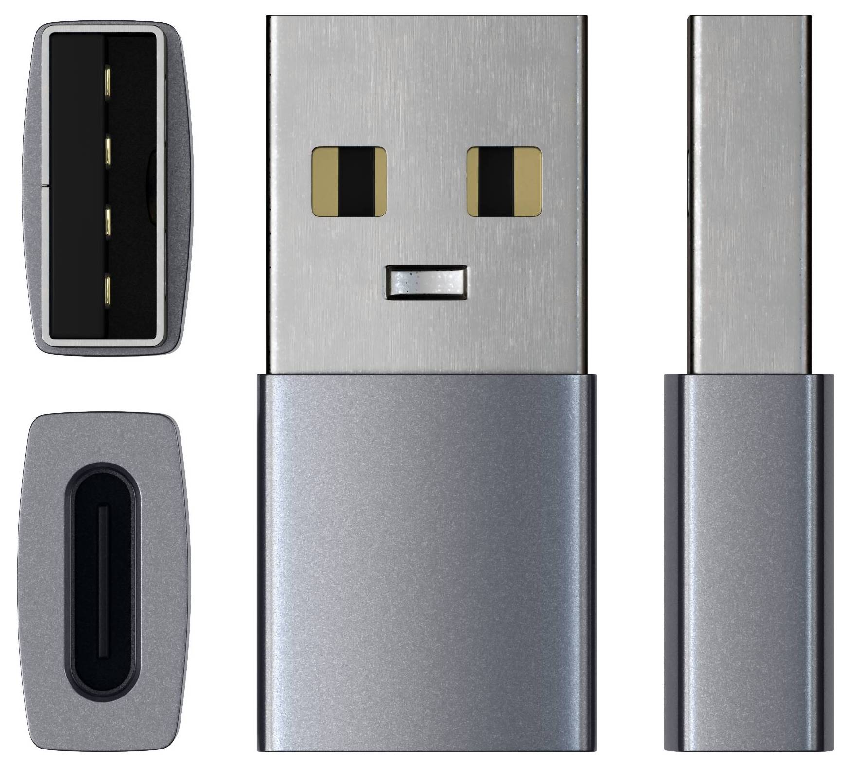 Ein USB- und USB-C-Stecker sind nebeneinander abgebildet. Der USB-Stecker ist aufrecht und daneben der kompaktere USB-C-Stecker.