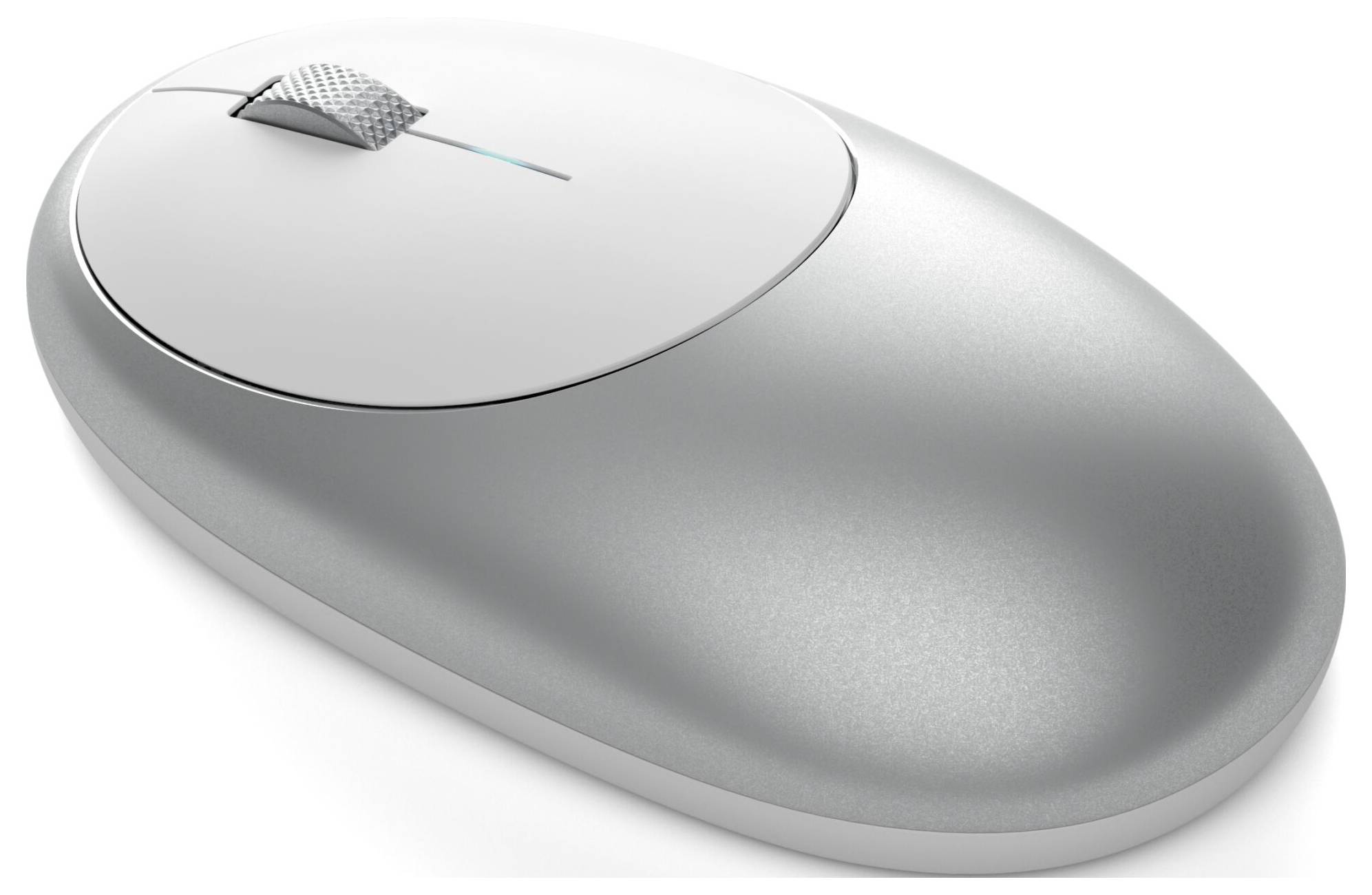 Eine silberne, kabellose Computermaus mit einem Rad in der Mitte, auf weißem Hintergrund.
