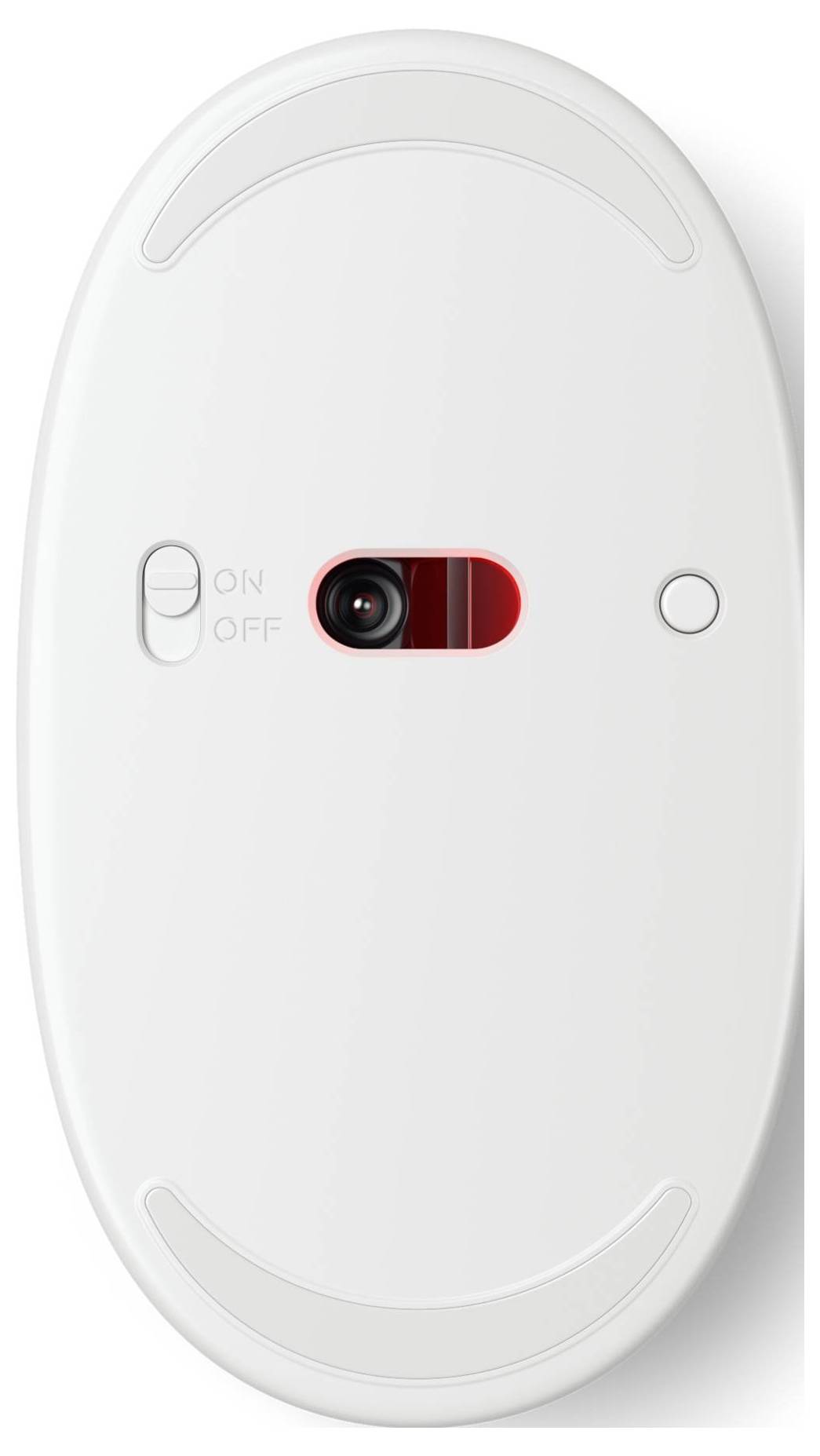 Weiße Computermaus von unten mit sichtbarem Sensor, Schalter 'ON/OFF' und runder Taste.