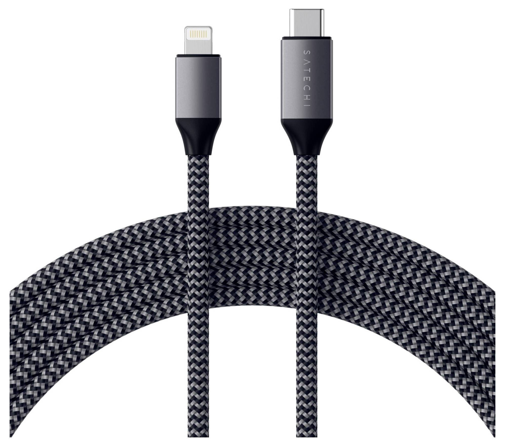 Ein geflochtenes USB-C-auf-Lightning-Kabel, schwarz-grau gemustert, für Datenübertragung und Ladezwecke.
