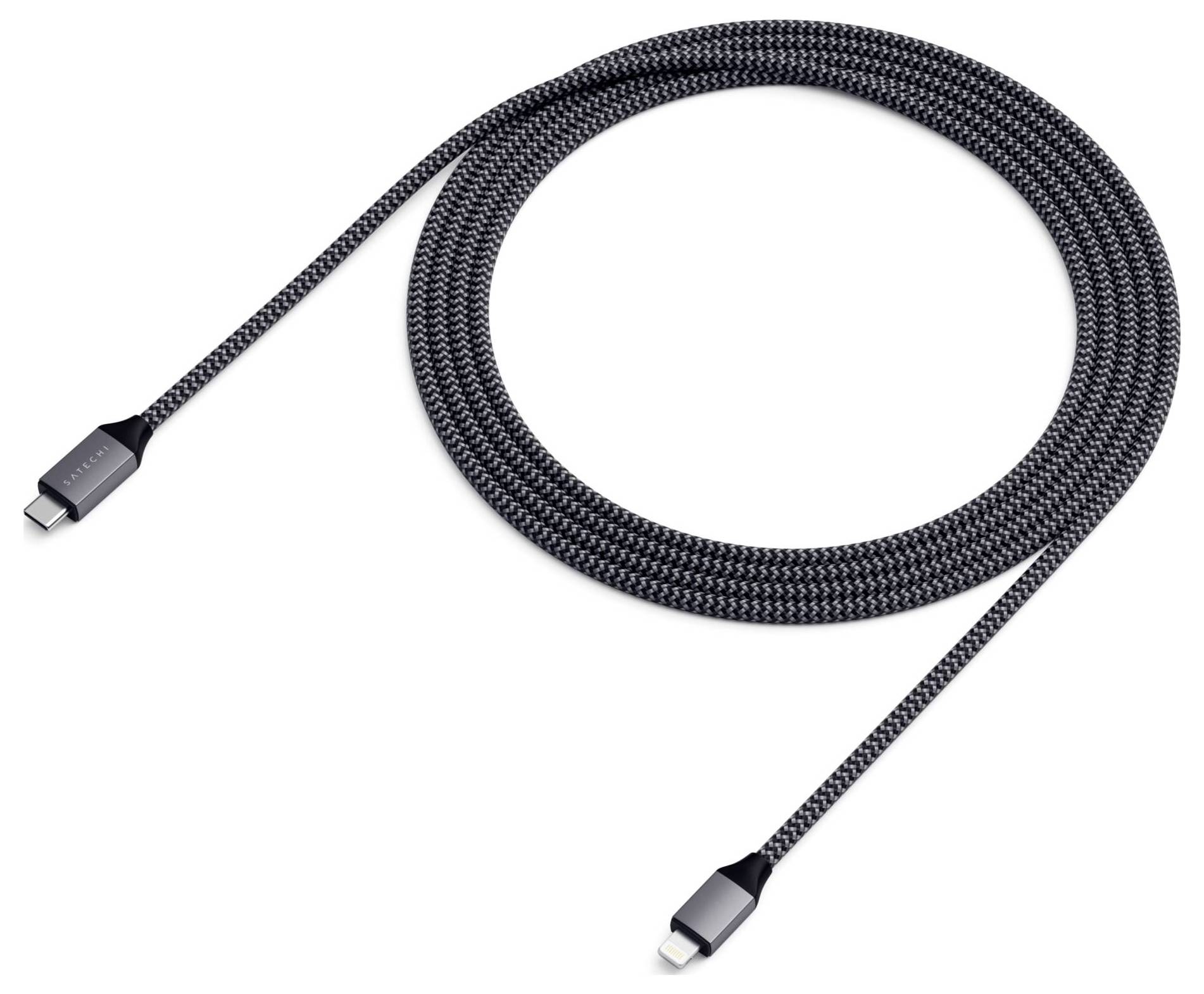 Schwarzes, geflochtenes USB-C-zu-Lightning-Kabel, geeignet zum Laden und für die Datenübertragung zwischen Geräten.