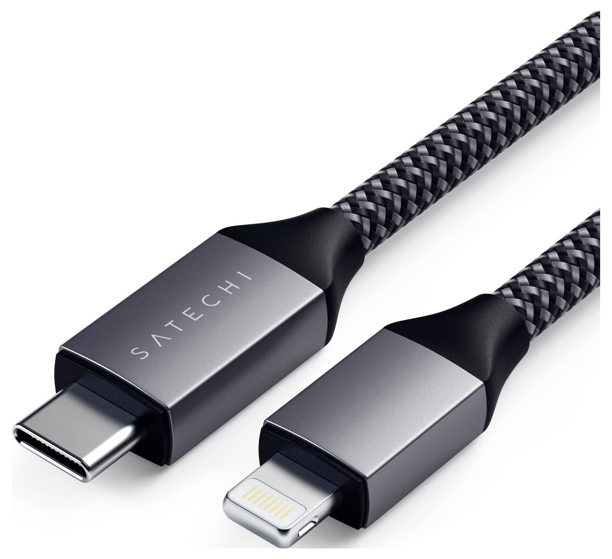 Ein graues, geflochtenes Satechi-Kabel mit USB-C- auf Lightning-Anschluss.