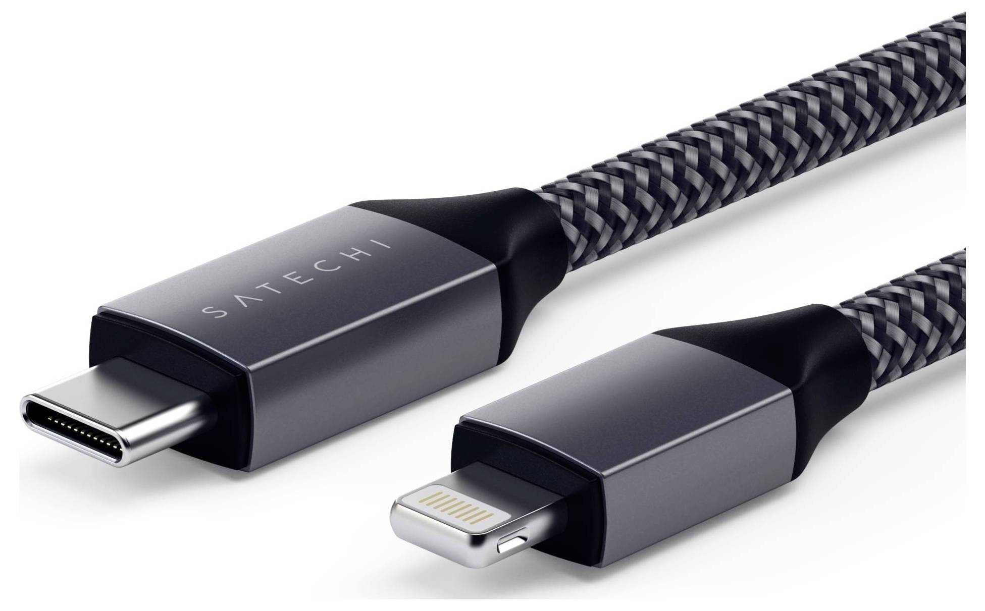 Ein geflochtenes Ladekabel mit USB-C- und Lightning-Anschluss, geeignet für den Anschluss von Apple-Geräten an Ladegeräte oder Computer.