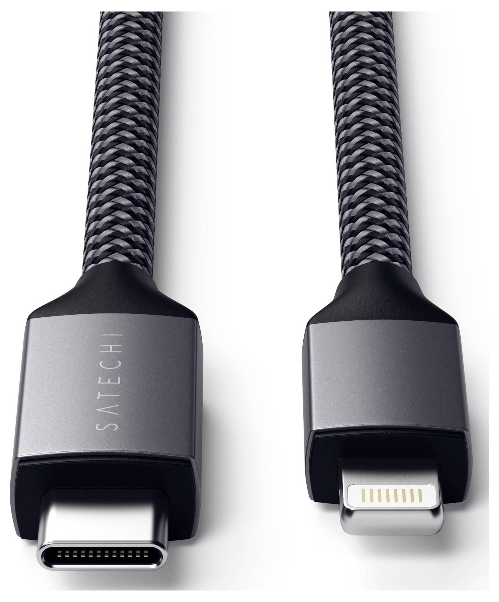 'USB-C zu Lightning Kabel. Ein Ende mit USB-C-Stecker, das andere mit Lightning-Stecker, beide mit einem robusten, geflochtenen Kabelmantel.'