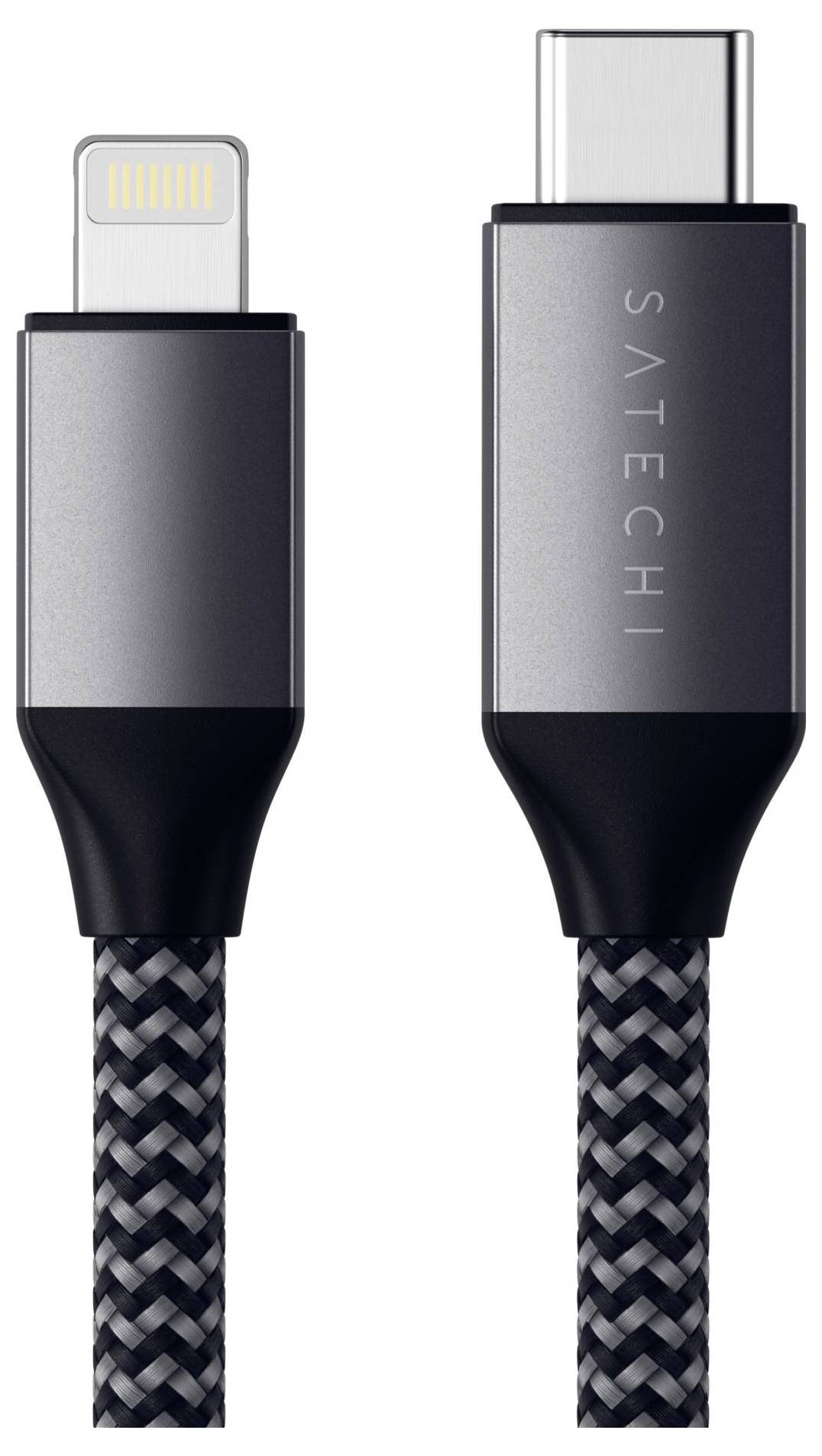 Zwei Kabelanschlüsse: links ein Lightning-Stecker und rechts ein USB-C-Stecker, beide mit Nylon-ummanteltem Kabel und Markenlogo.