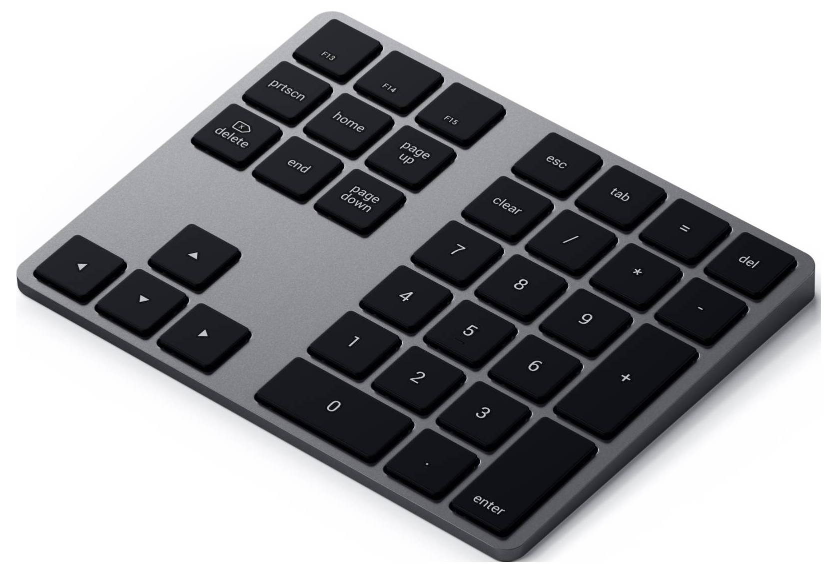 Eine abnehmbare, drahtlose numerische Tastatur in Schwarz mit Ziffernblock, Pfeiltasten und Funktionstasten, ergonomisch gestaltet.