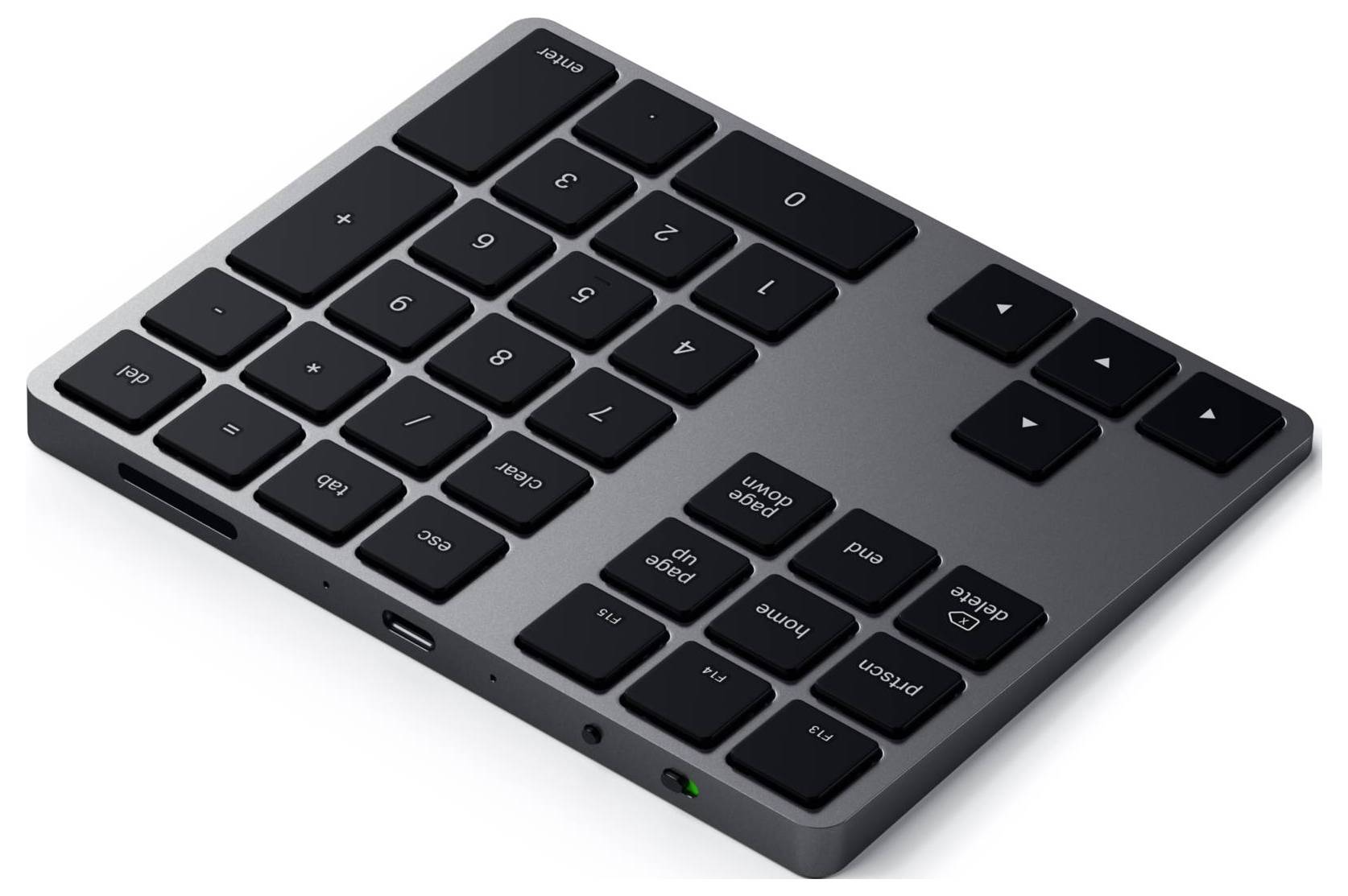 Eine externe numerische Tastatur in schwarzem Design mit Tasten für Zahlen, Rechnen und Navigation.