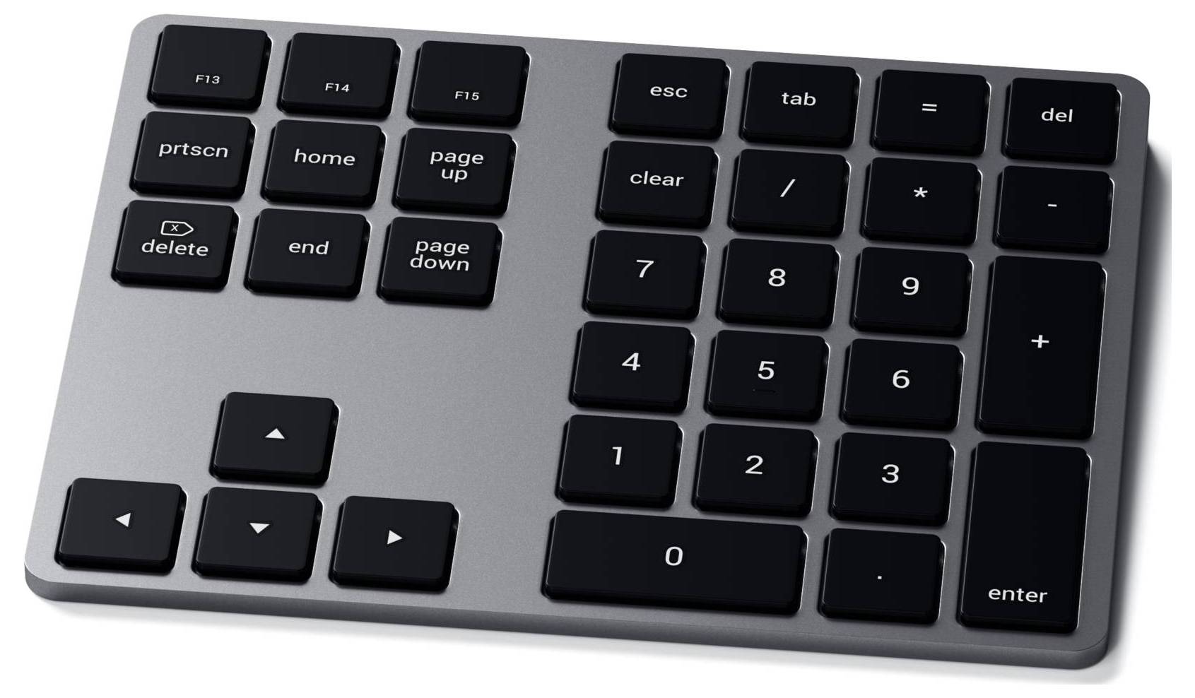'Tastatur-Nummernblock' mit Zifferntasten, Funktionstasten und Navigationstasten. Silbernes Gehäuse mit schwarzen, beschrifteten Tasten.
