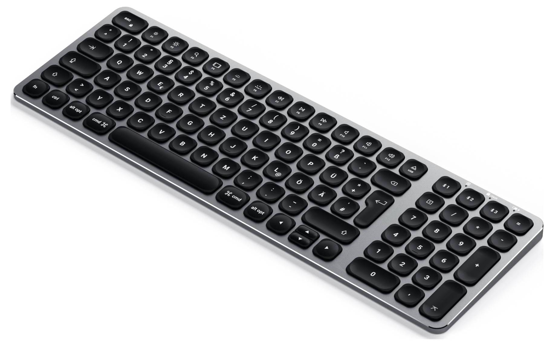 Eine kabellose Tastatur mit flachem Design und abgerundeten Tasten, geeignet für Computer oder Tablets.