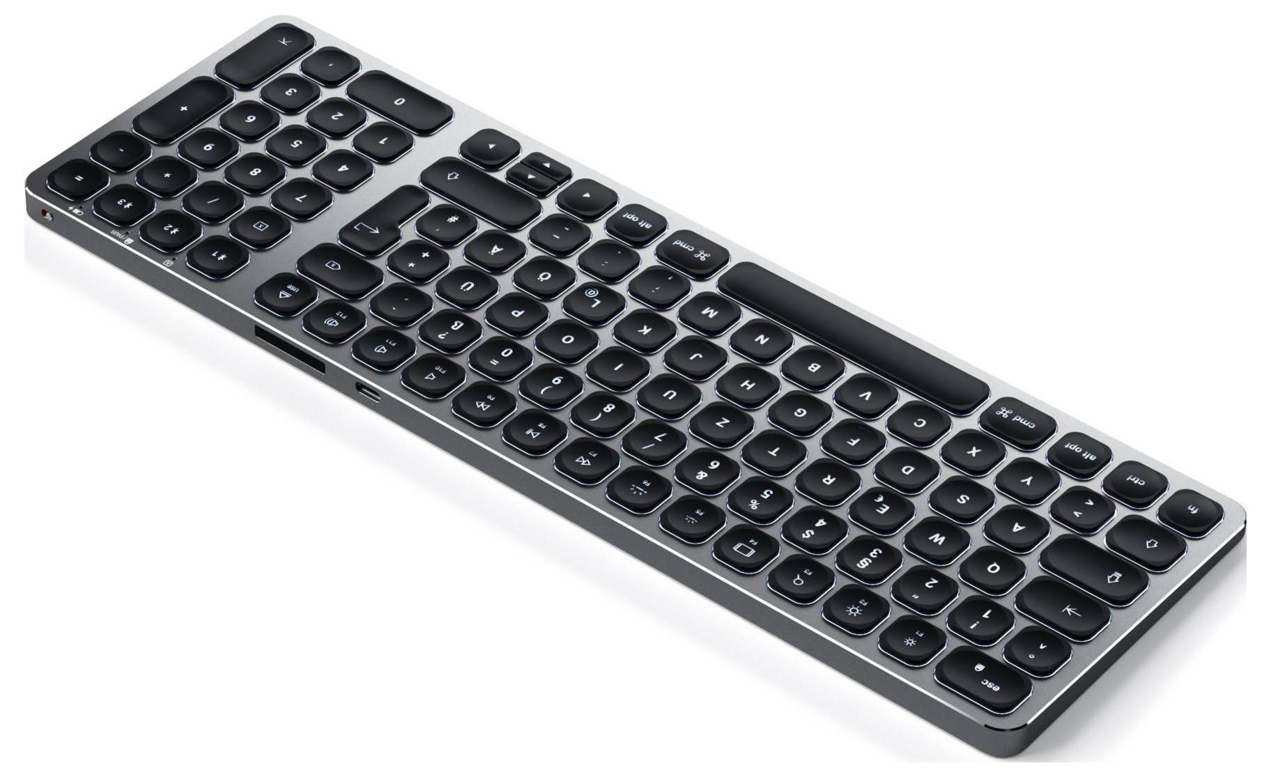 Schwarze Bluetooth-Tastatur im flachen, schlanken Design mit abgerundeten Tasten und Hintergrundbeleuchtung, auf weißem Hintergrund.
