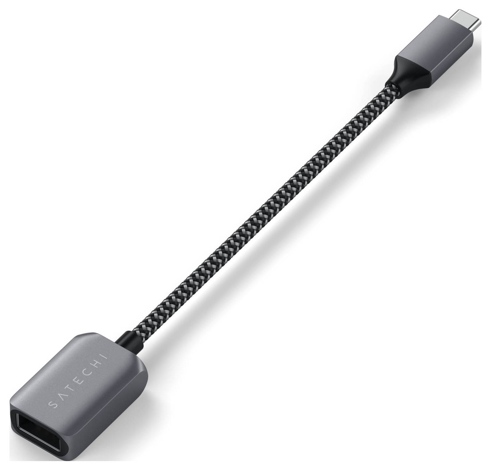 Ein USB-C-auf-USB-A-Adapterkabel mit geflochtenem Design und grauen Anschlüssen von Satechi.