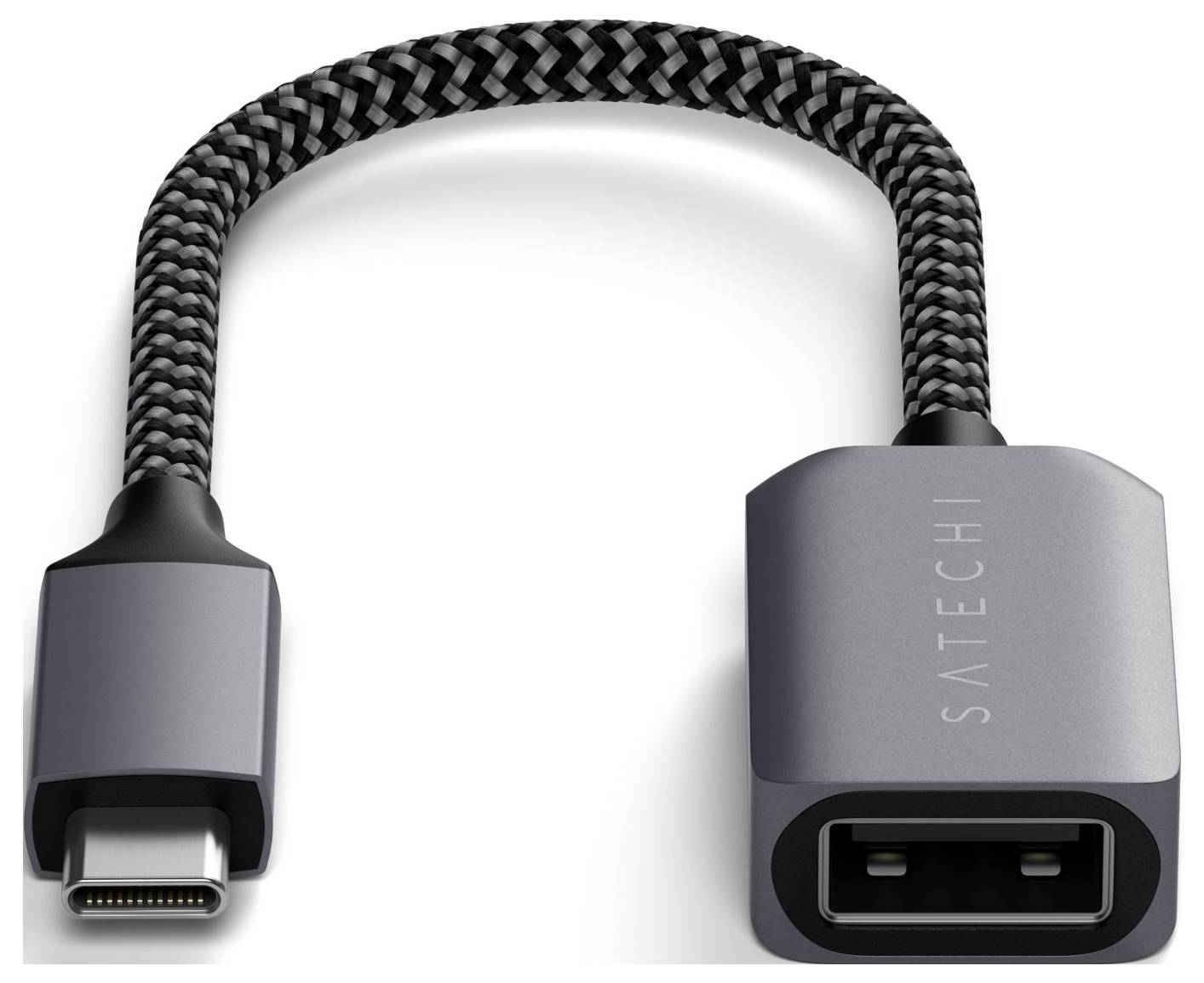 Ein USB-C zu USB-A Adapterkabel mit geflochtenem Design, markiert mit 'Satechi'.