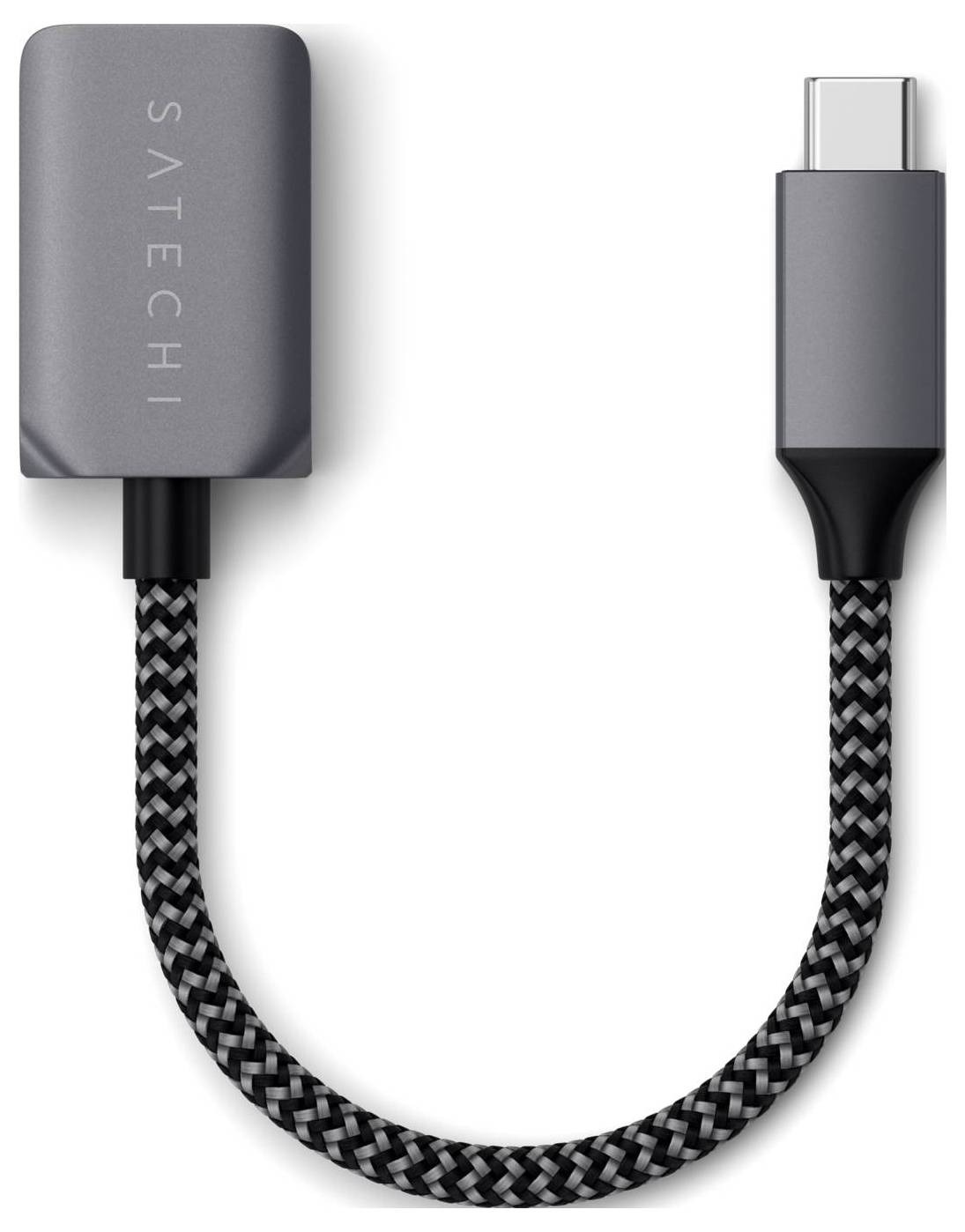 'USB-C-auf-3,5-mm-Audioadapter von Satechi in Grau mit geflochtenem Kabel. Gerät zur Verbindung neuerer Laptops mit älteren Audiosteckern.'