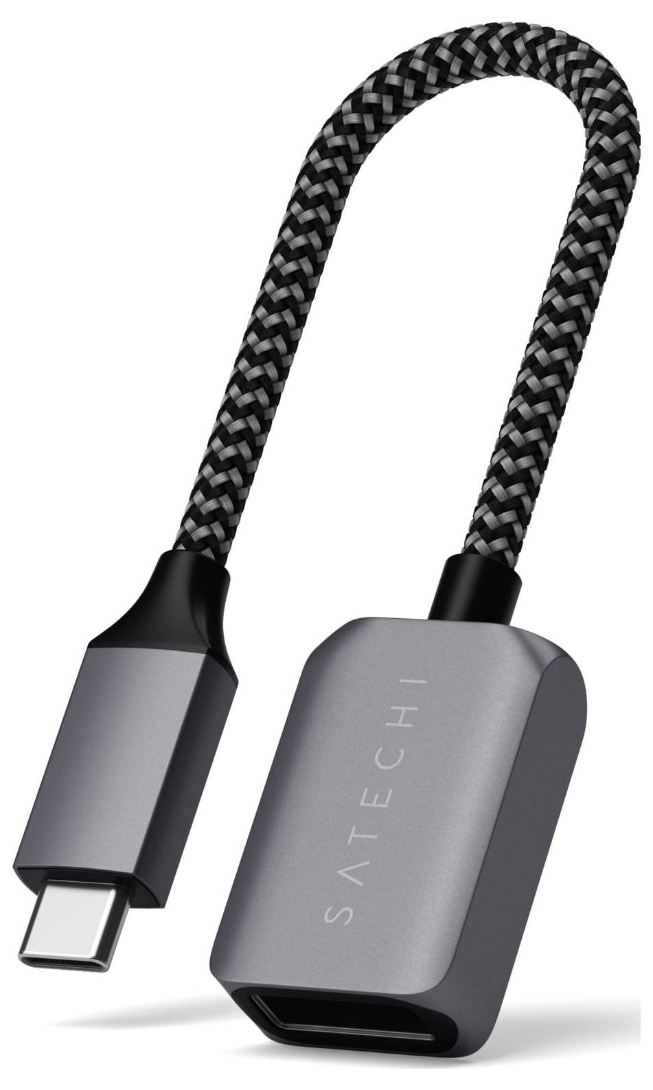 USB-C-Adapter von Satechi mit geflochtenem Kabel, schwarzem und grauem Design. Ideal zum Anschließen von USB-Geräten an USB-C-Ports.