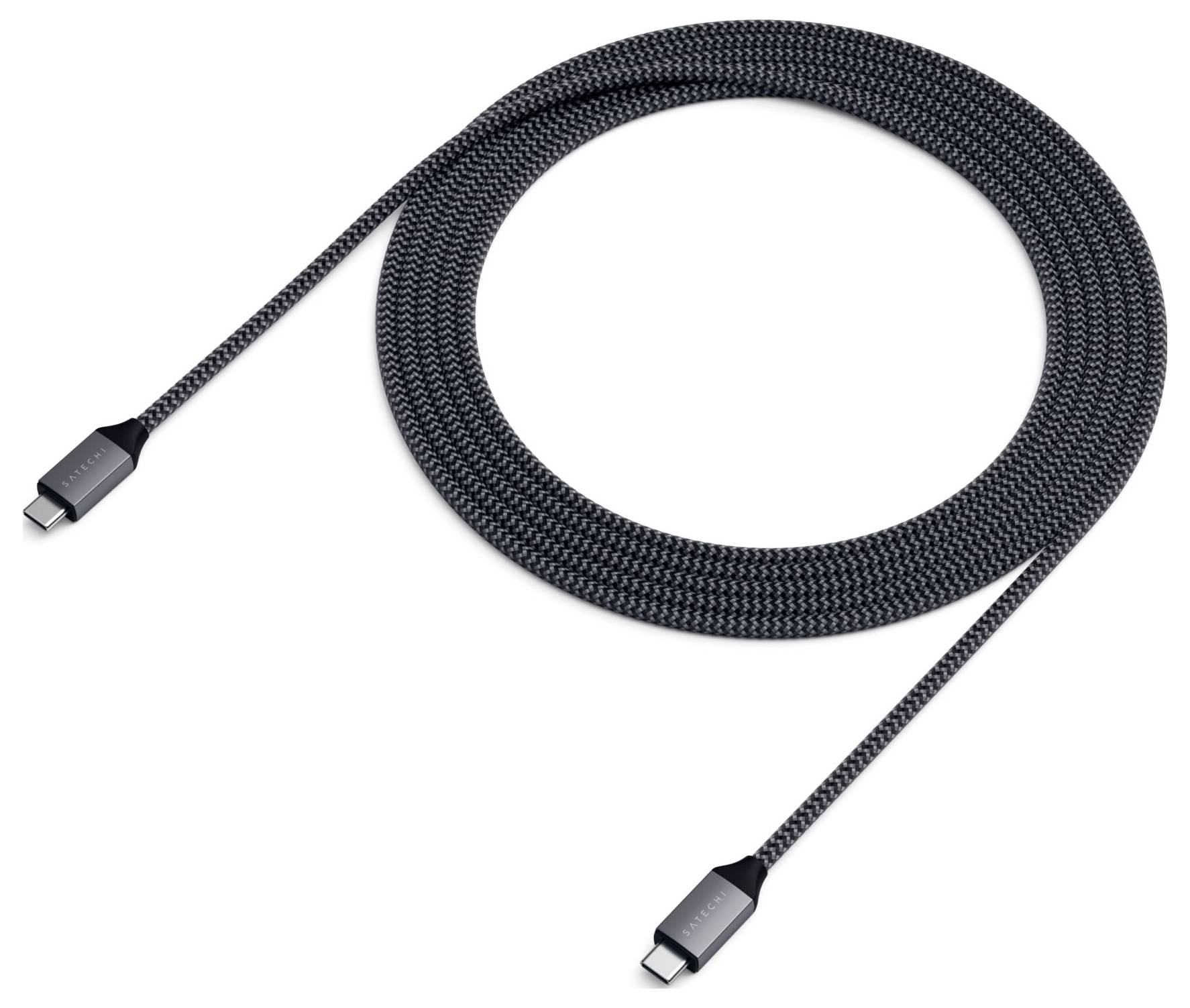 Schwarzes geflochtenes USB-C-Kabel, gewickelt zu einem losen Kreis. Ideal zum Laden oder für den Datentransfer zwischen Geräten.