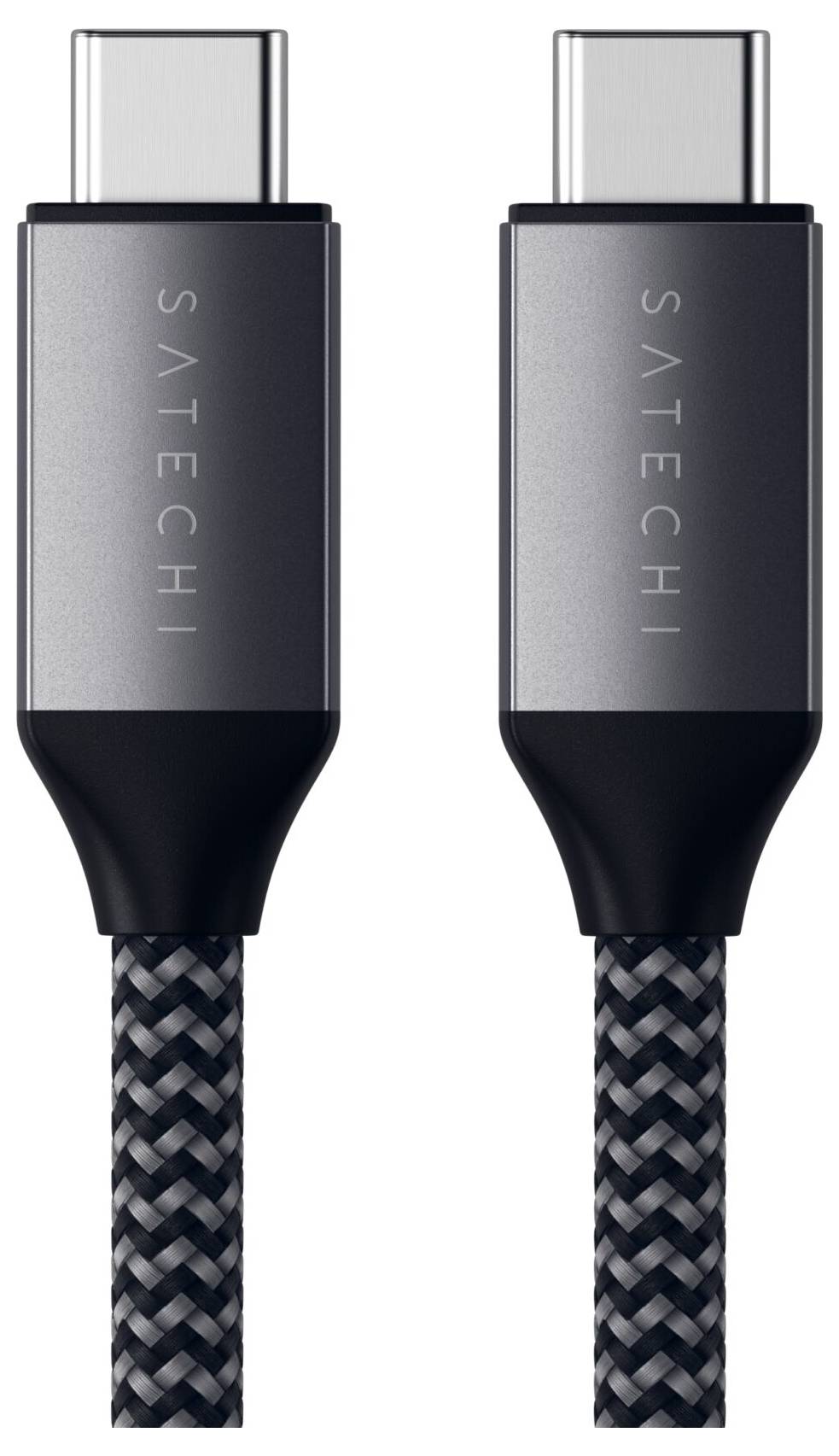 Zwei USB-C-Kabel mit geflochtenem Design und der Aufschrift 'Satechi' auf den Metallgehäusen.