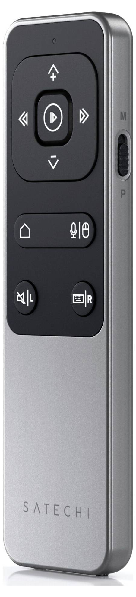 Eine silberne Präsentationsfernbedienung mit Tasten für Lautstärke, Vorwärts, Rückwärts und Mikrofon. Marke: Satechi.